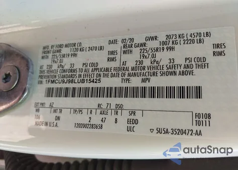 2020 Ford Escape Titanium z USA, uszkodzony, nr VIN 1FMCU9J98LUB15425